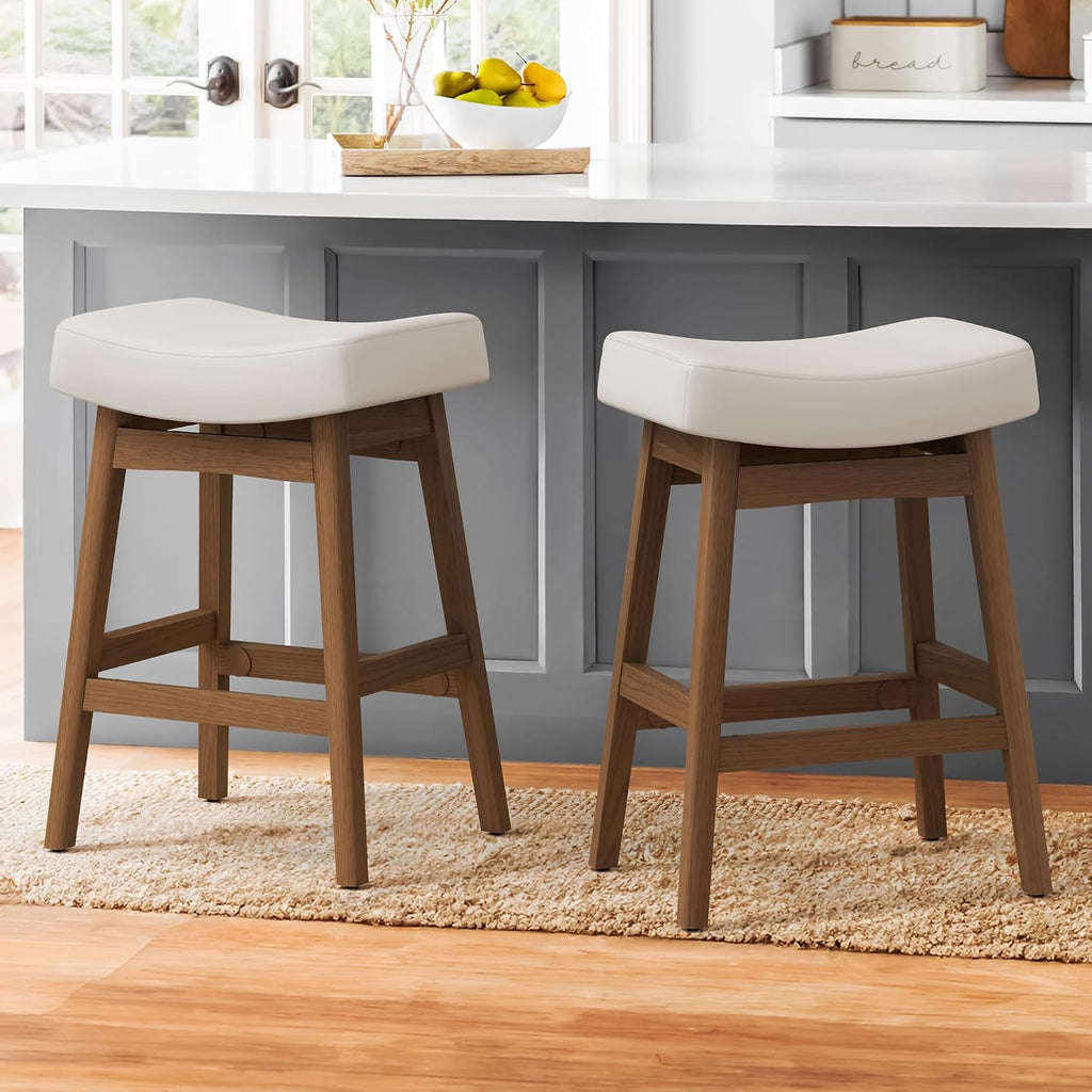 Cozyman Bar Stools Set of 3, Barstools with Sturdy Wood Legs, Saddle Seat Counter Height Bar Stools for Kitchen Counter, Bar, Dining, 24 Inch Farmhouse Counter Stools, Antique White Leather