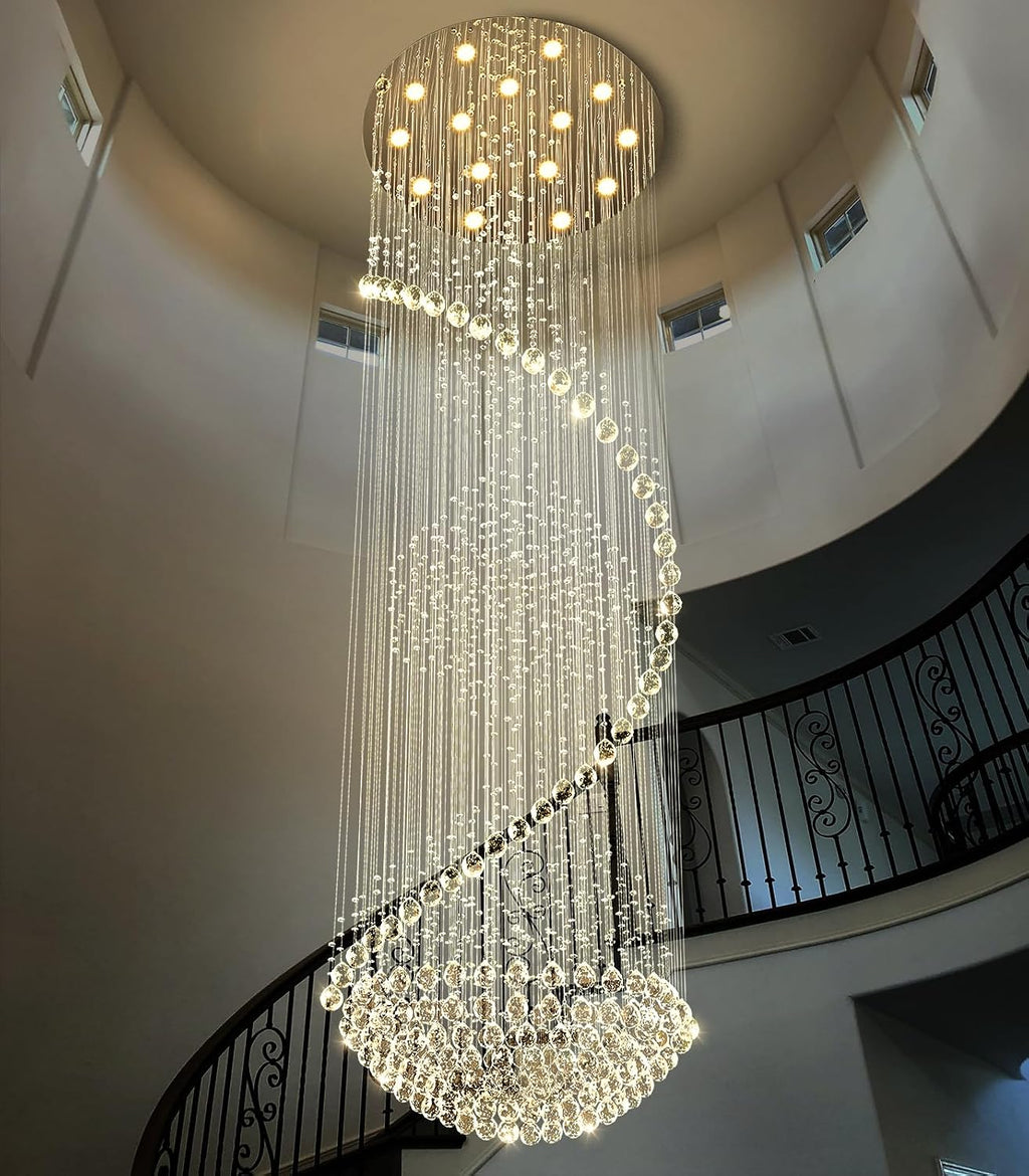 D40'' x H120'' Crystal Chandelier High Ceiling Chandeliers for Staircaes Large Raindrop Chandeliers LED Dimmable Flush Mount Light Fixtures for Foyer Hallway Entryway LED Bulbs Included Silver