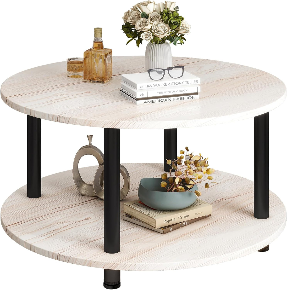 23.6" Round Coffee Table, 2-Tier Small Circle Coffee Table with Storage, Modern Center Accent Table with Metal Frame, Side Table End Table for Small Space, Living Room, Office, Teak Oak