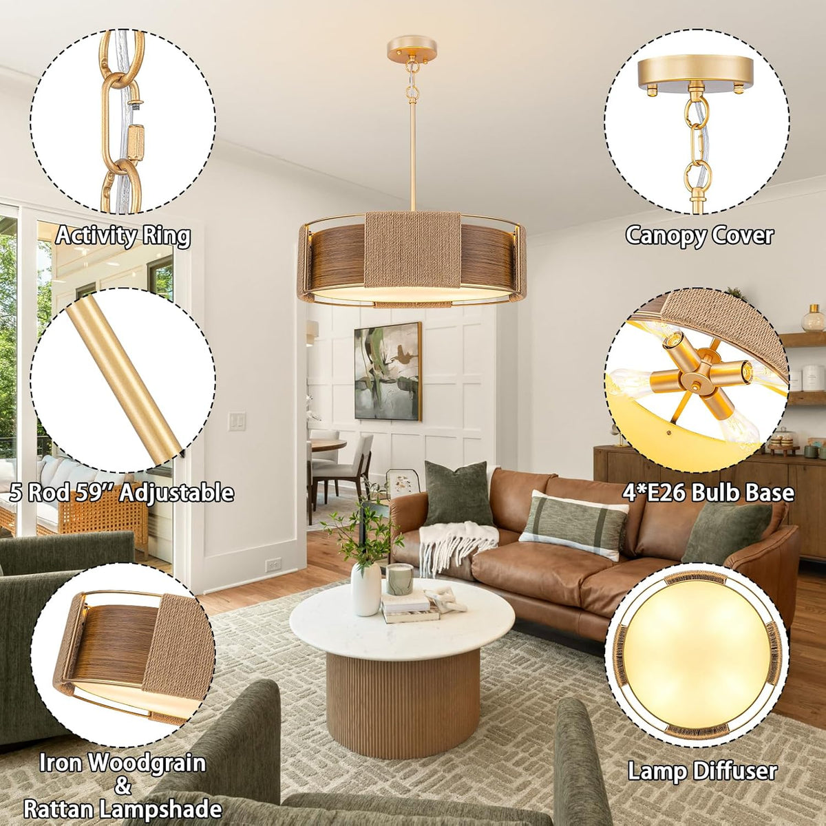 Modern Rattan Chandelier, 4-Light 2-Layer Shade Gold Chandelier Rustic 19.7'' Rattan and Metal Wood Grain Pendant Kitchen Island Lighting Hanging Drum Chandeliers for Dining Room Entryway Living Room