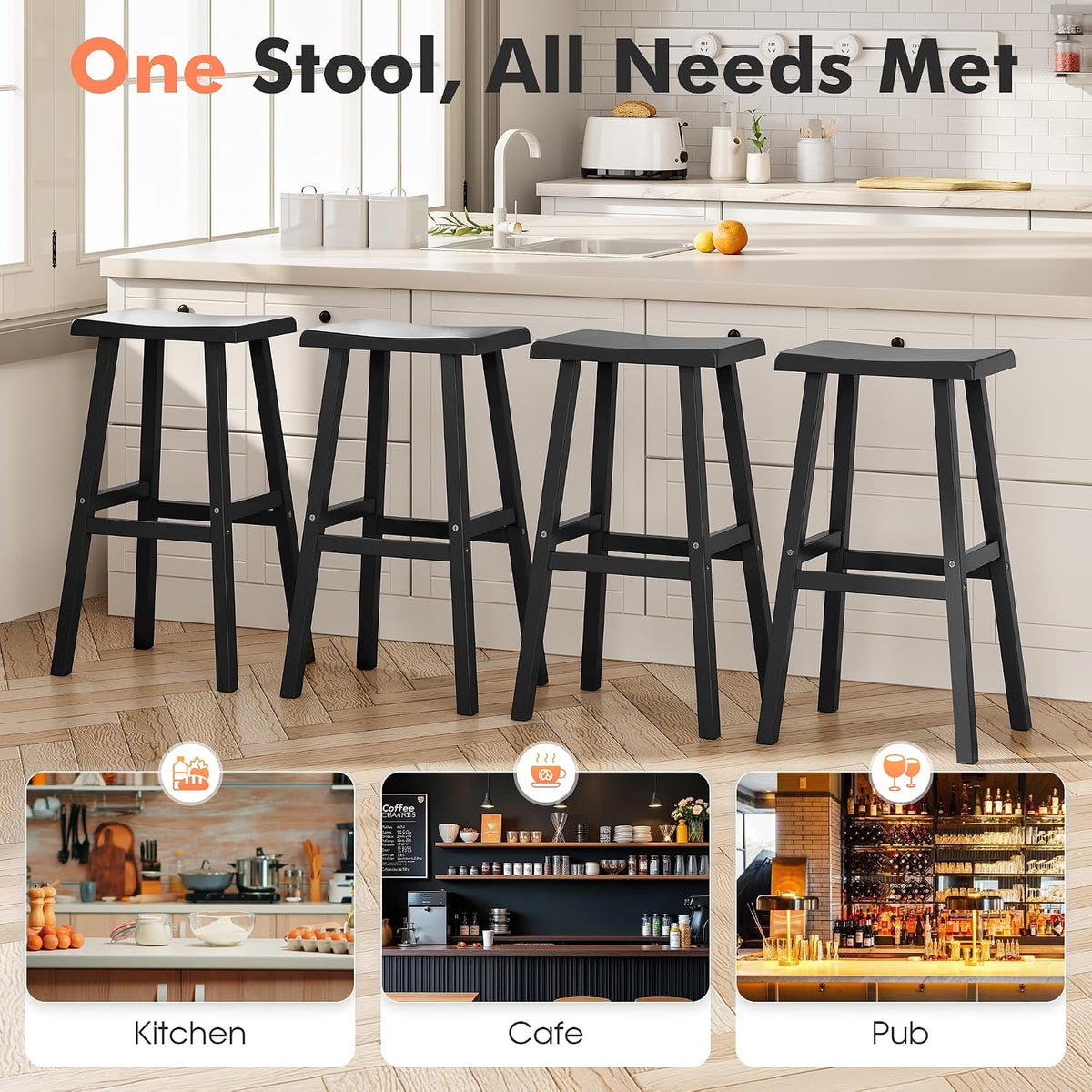 NUNU LAB Polywood Saddle-Seat Counter Height Bar Stools for Kitchen Island with Footrest, HDPE Waterproof Barstools for Outdoor/Indoor, 29-Inch Height, Black, Set of 2