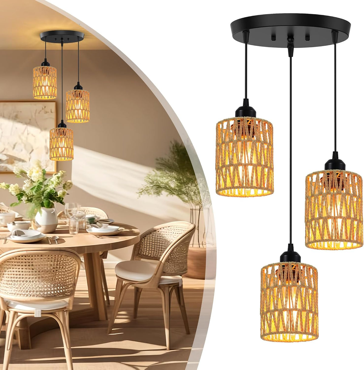 Phaosio 3-Light Pendant Lights, Farmhouse Hanging Light Fixture, E26