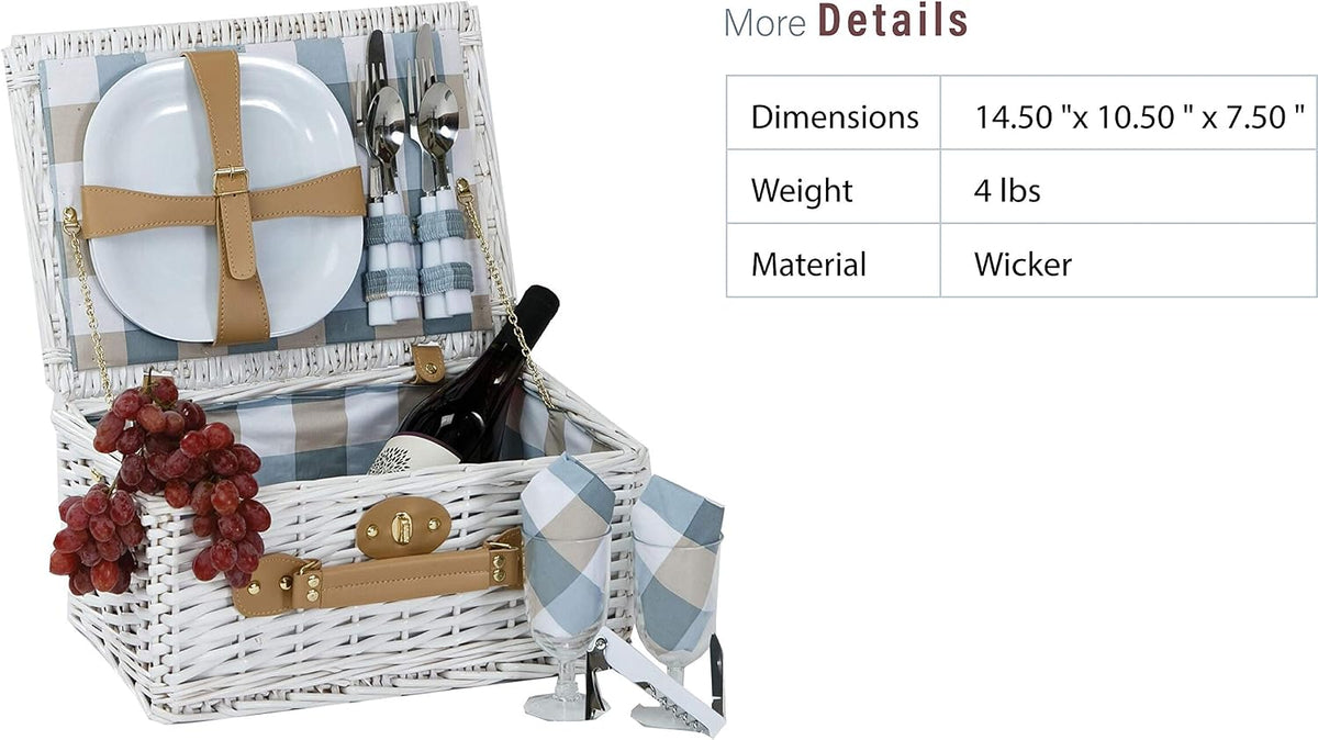 Boothbay White 2 Person Willow Picnic Basket Set with Plates Flatware Wine Glasses Cotton Napkins Corkscrew 14 pcs Included
