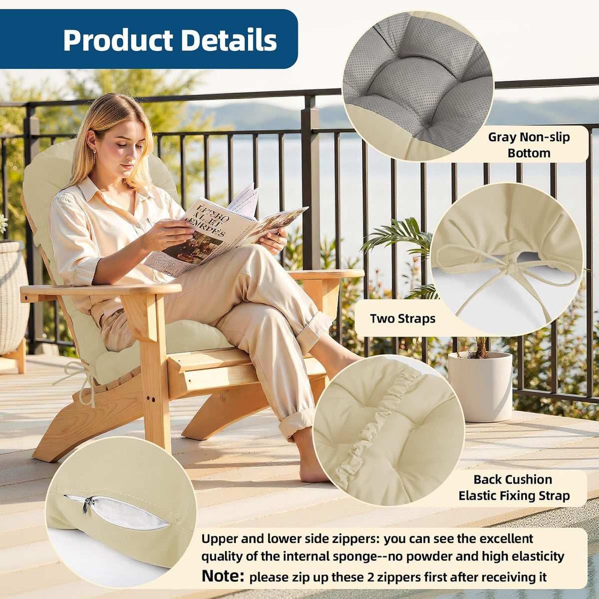 Adirondack Chair Cushion 44"x19"x4", High Back Rocking Chair Cushion Non-Slip Waterproof Patio Chair Cushions for Outdoor Indoor, UV Resistant One-Piece Glider & Porch Rocker Cushion, Cream Yellow