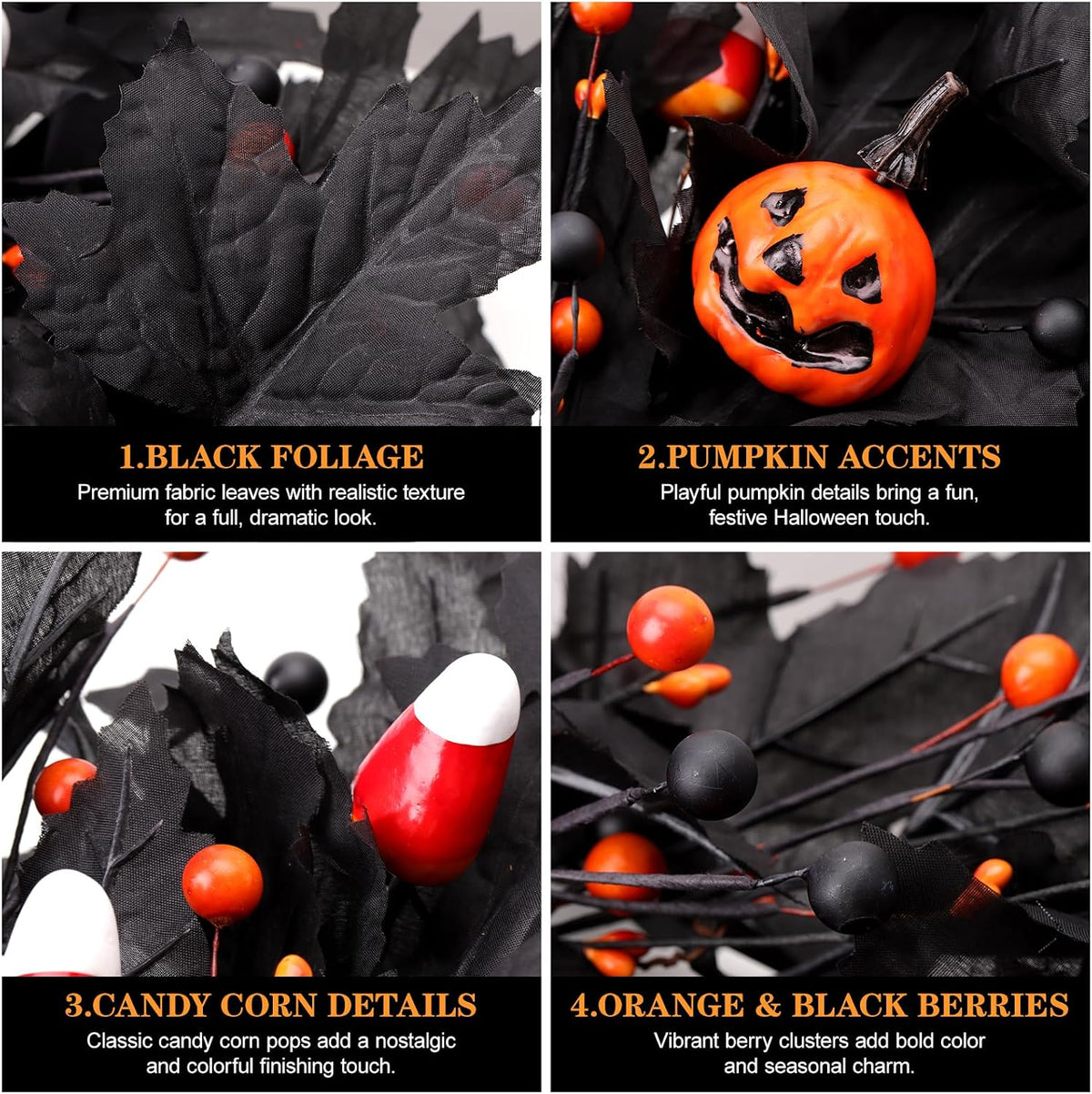 Pumpkin Halloween Wreath 24 Inch Black Maple Leave Wreaths for Front Door with Ghost Pumpkin Orange Berries for Indoor Window Wall Halloween Party