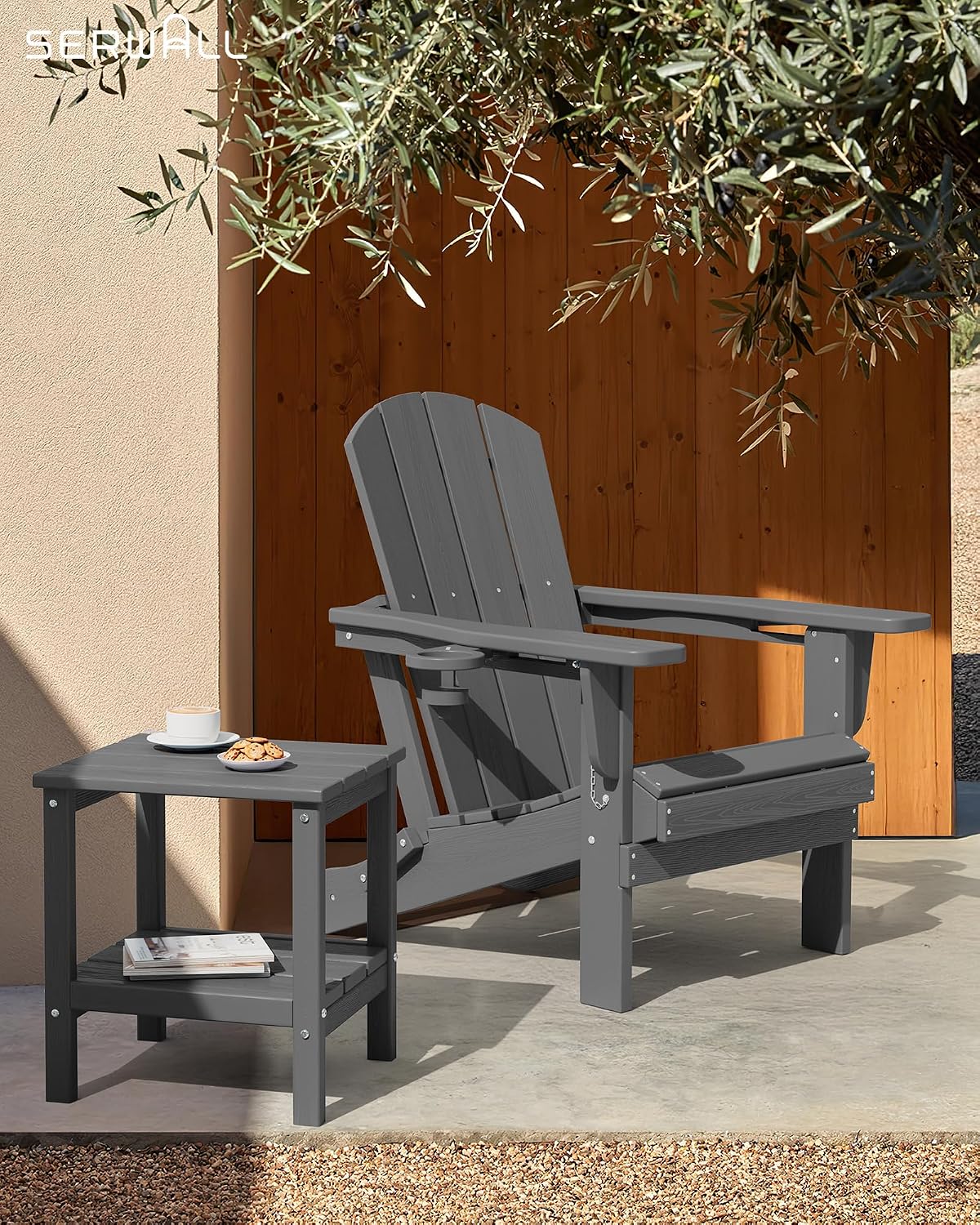 SERWALL 2-Tier HDPE Outdoor Side Table, Weatherproof Rectangular Adirondack Side Table, Grey