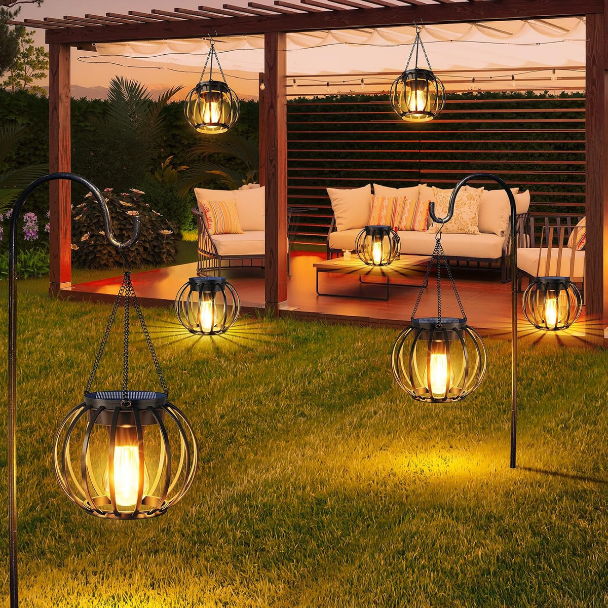 Solar Lanterns Outdoor Waterproof Metal Solar Hanging Lantern, 4Pack