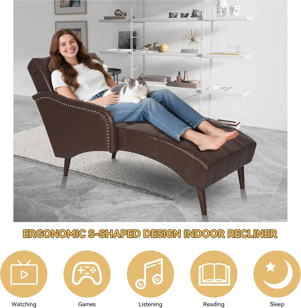 PU Leather Chaise Lounge Chair Indoor, Side Armrest, Dark Brown