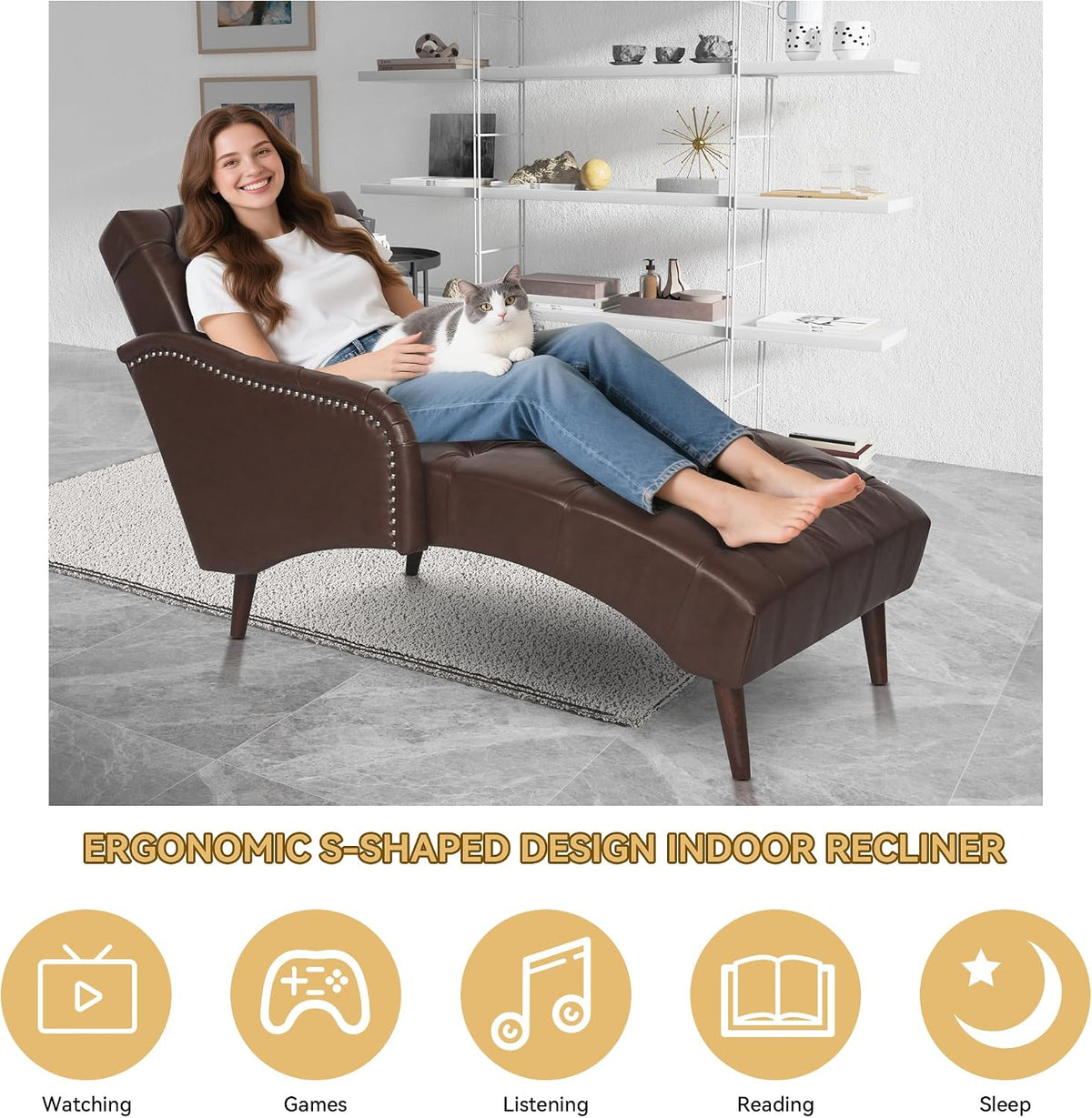 PU Leather Chaise Lounge Chair Indoor, Side Armrest, Dark Brown