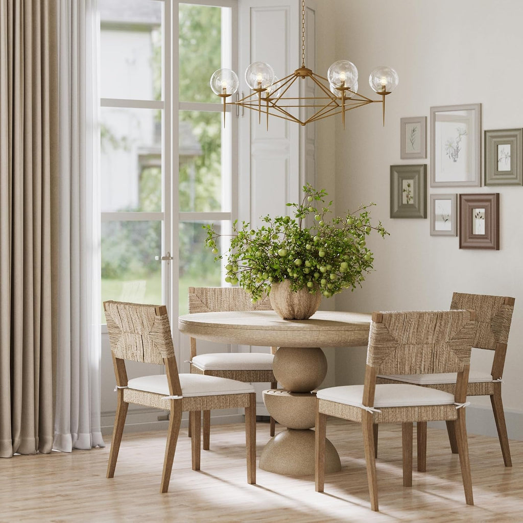 Beacon Boho Dining Chair Set of 4, Boucle Dining Chair with Seagrass Accent and Solid Wood Legs, Cream Boucle/Light Brown