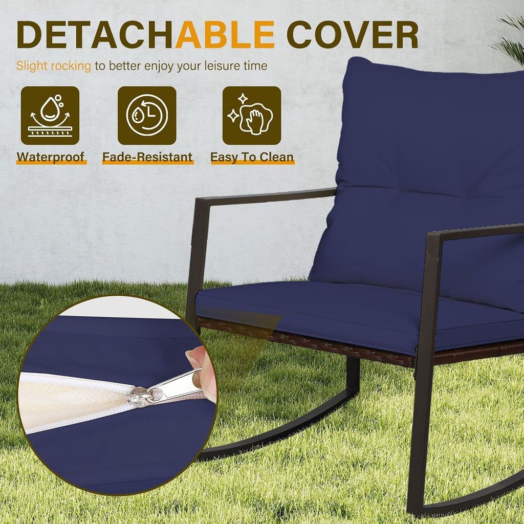 SUNCROWN 3 Piece Outdoor Rocking Bistro Set Brown Wicker Furniture Porch Chairs Conversation Sets with Glass Coffee Table, Dark Blue
