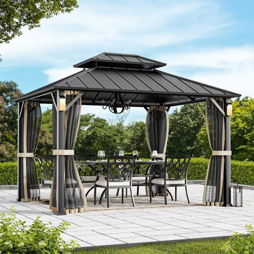Modern Shade Hardtop Gazebo 10x12 with 4 LED Lights for Backyard, Black