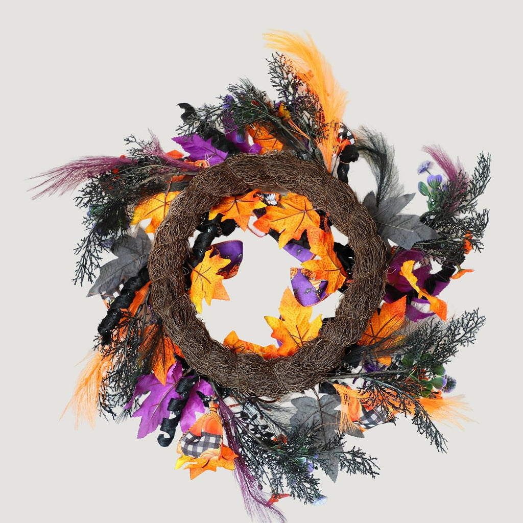 KBREE 22" Halloween Wreath for Front Door, Full Gothic Spooky Autumn Wreath with Black Corduroy Pumpkins, Glitter Orange Purple Spiders & Dark Twigs, Large Halloween Party Decor for Wall Window