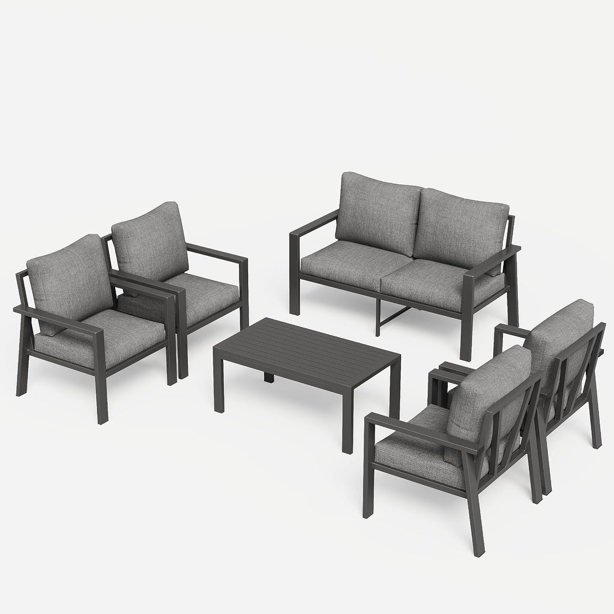 6 Pieces Aluminum Outdoor Patio Furniture Set 6-Seat Deck Furniture Patio Conversation Sets All-Weather Rust-Proof Sectional Sofa Set with Removable Cushion for Balcony, Yard, Poolside