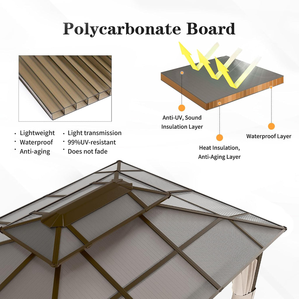 YOLENY 10x13 Gazebo with Double Polycarbonate Roof & Aluminum Frame