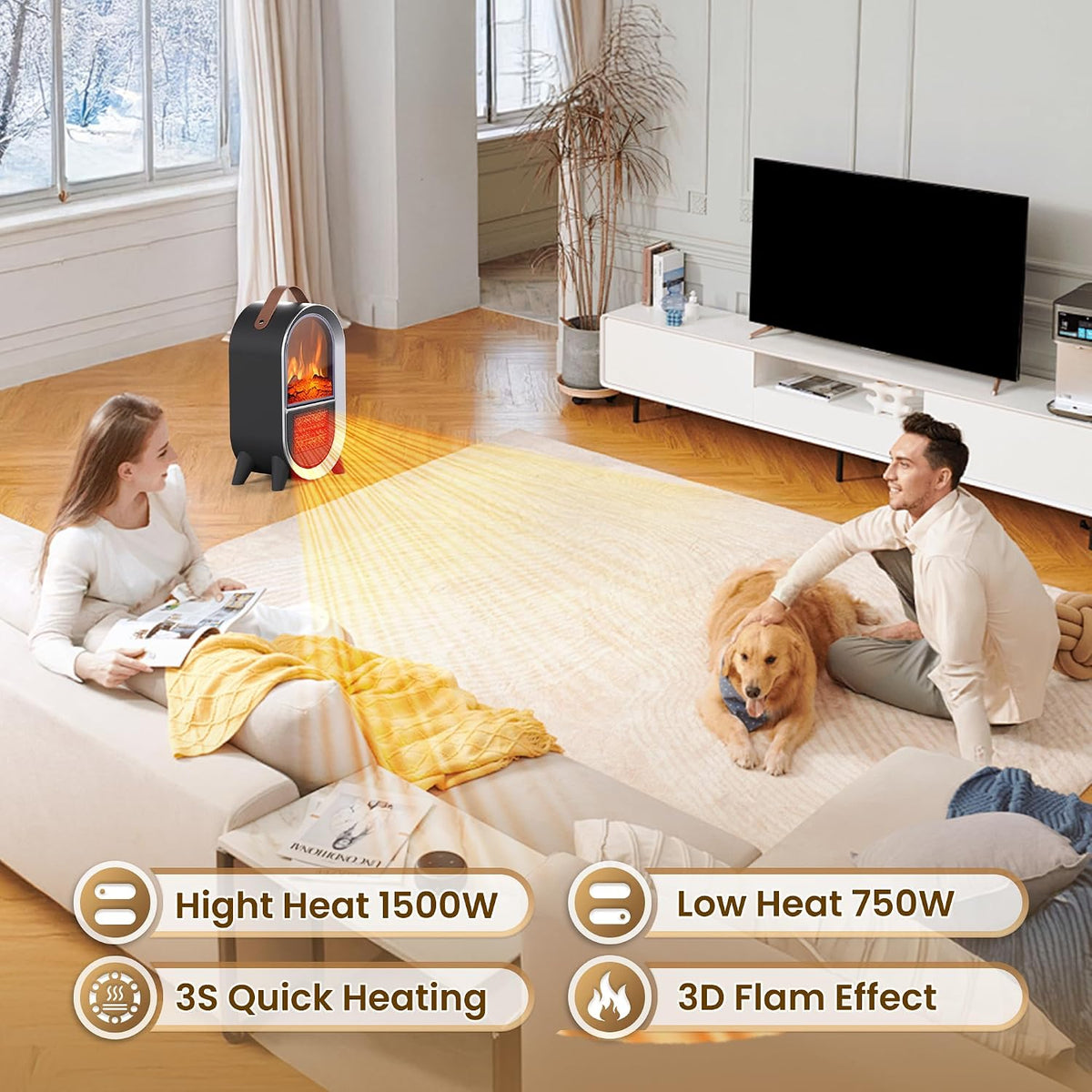 Riseon Portable Electric Fireplace Heater for Home Office, Black