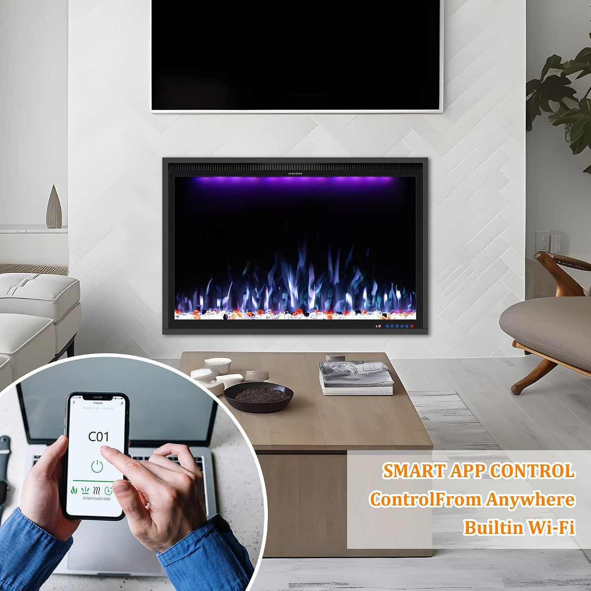 40'' WiFi- Enabled Electric Fireplace Inserts - Alexa & App Control, Slim Recessed & Wall Mounted, 13 * 13 * 3 Flame Color Combinations, 750W/1500W, Black