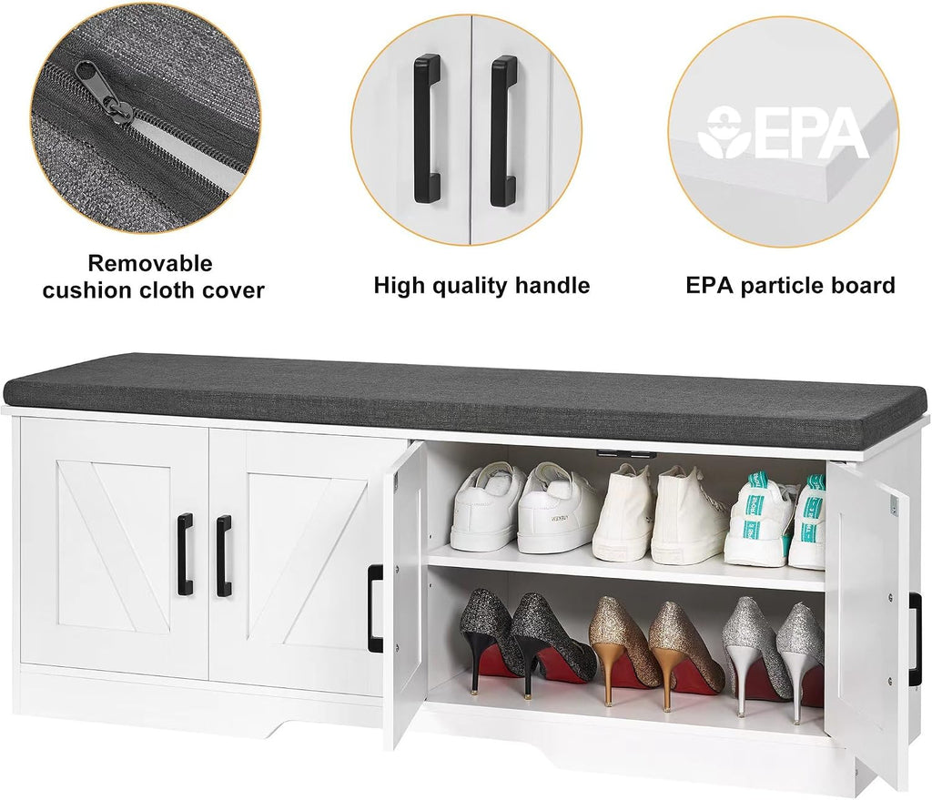 HOMSHO Farmhouse Shoe Storage Bench with 4 Barn Doors & Padded Seat Cushion