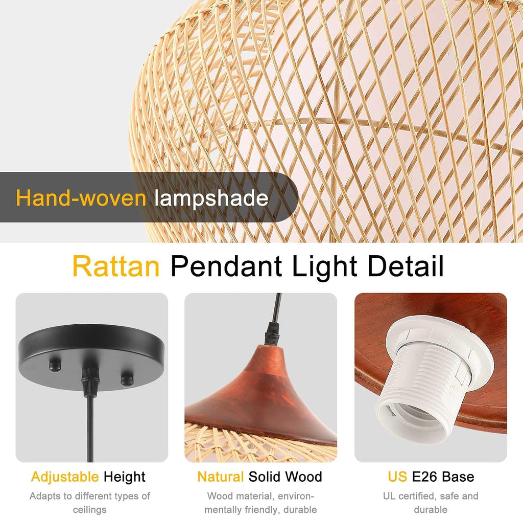 Rattan Pendant Light Fixture, Hand-Woven Wicker Hanging Lighting