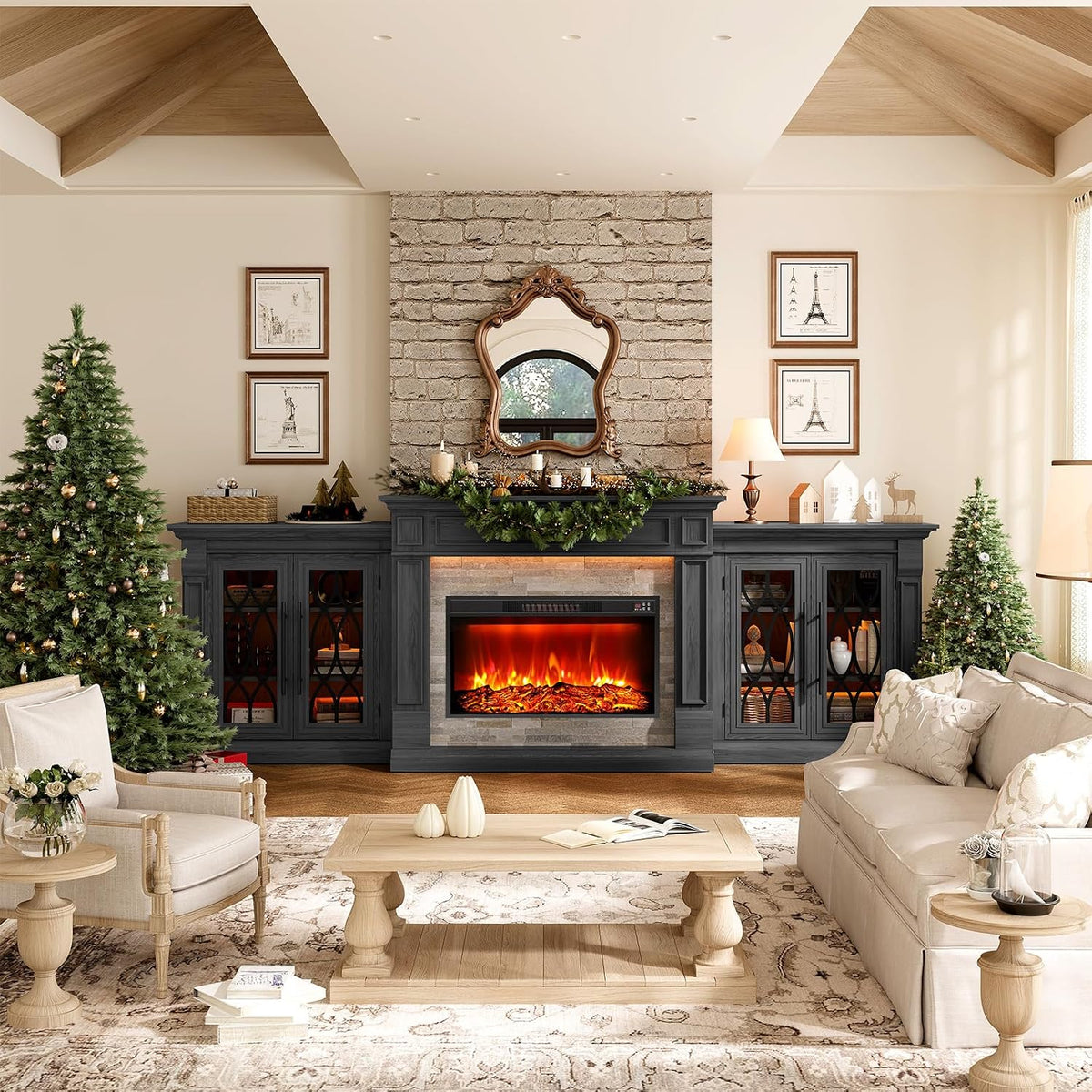 Naice 104" Fireplace TV Stand, Electric Fireplace Mantel with Power Outlet