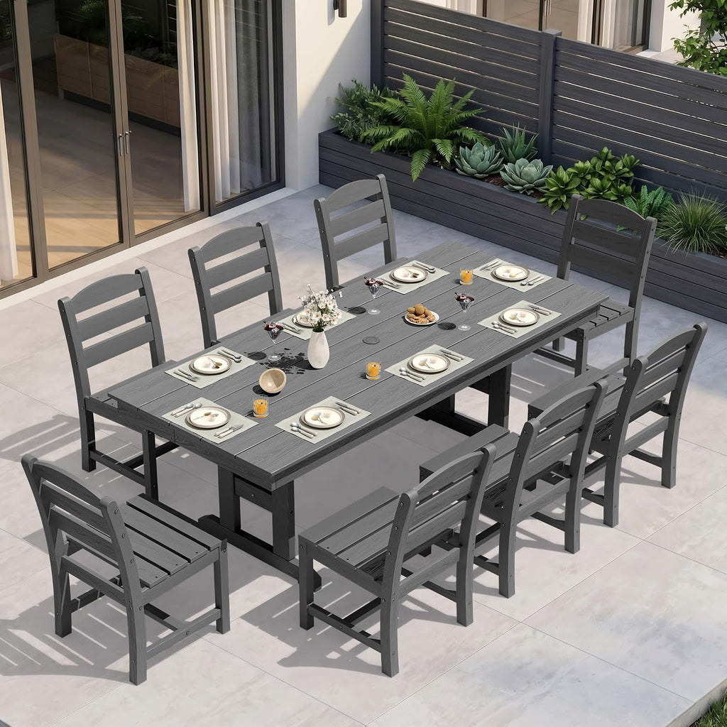 KINGYES Outdoor Dining Set,84'' Table w/Umbrella Hole & Armless Chairs,Grey