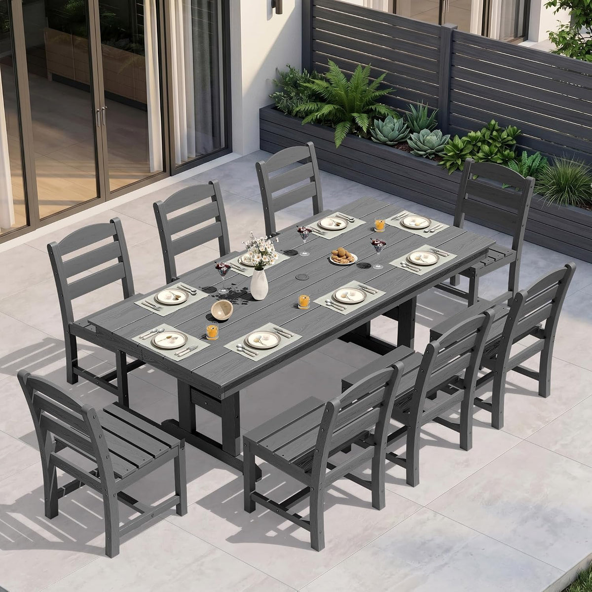 KINGYES Outdoor Dining Set,84'' Table w/Umbrella Hole & Armless Chairs,Grey
