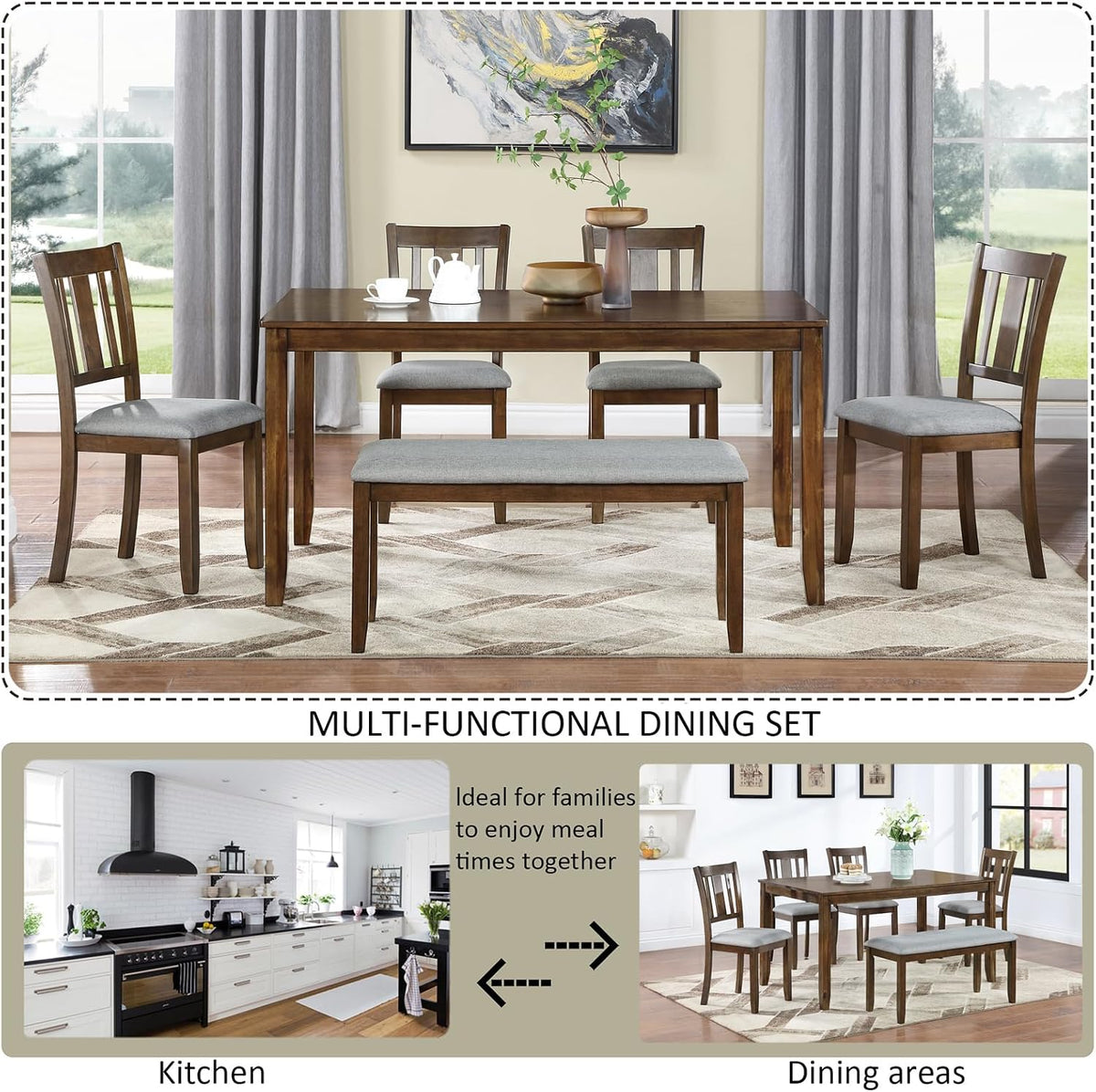 Merax 6 Piece Kitchen Dining Set, Rectangular Wooden Dining Table with 4 Upholstered Chairs and a Bench for 4-6, Living Room Home Bar and Kitchen, Walnut