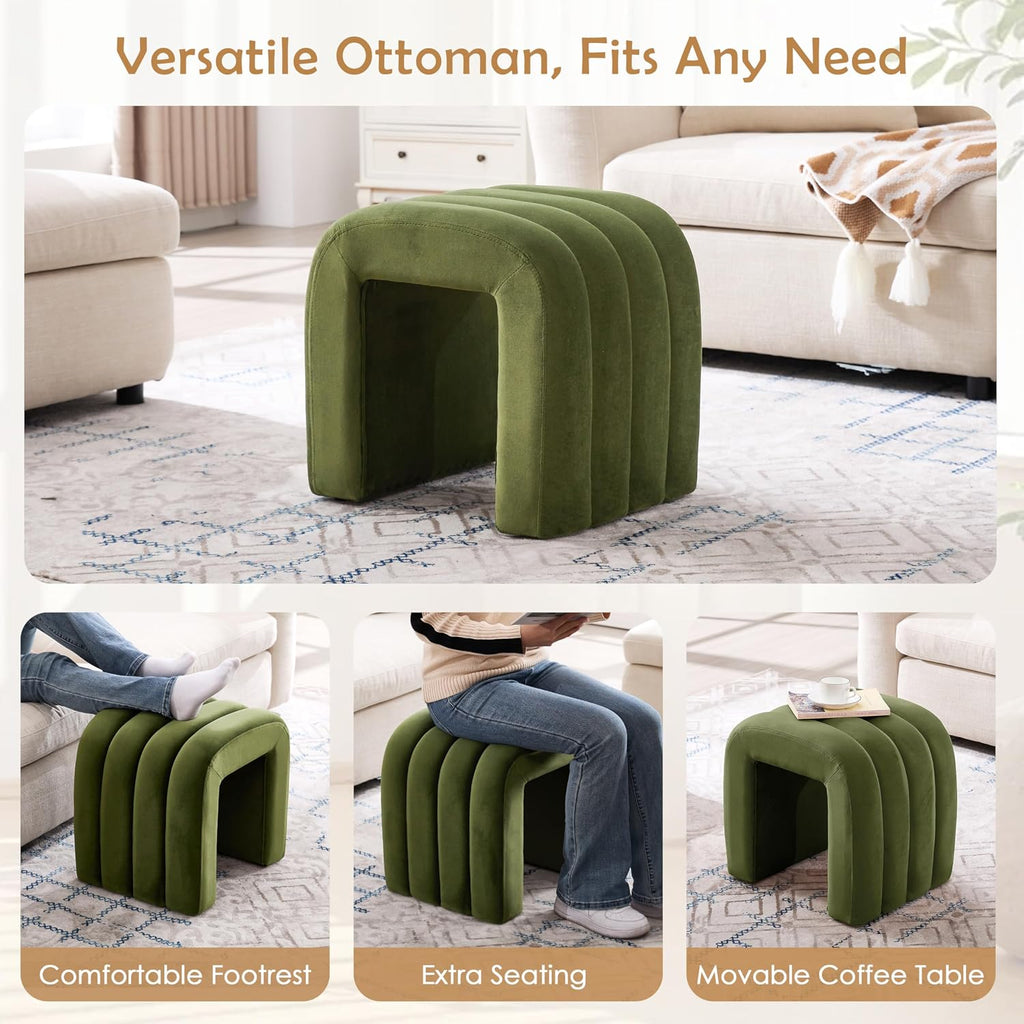 Olive Green Velvet Ottoman Stool, Small Vanity Stool