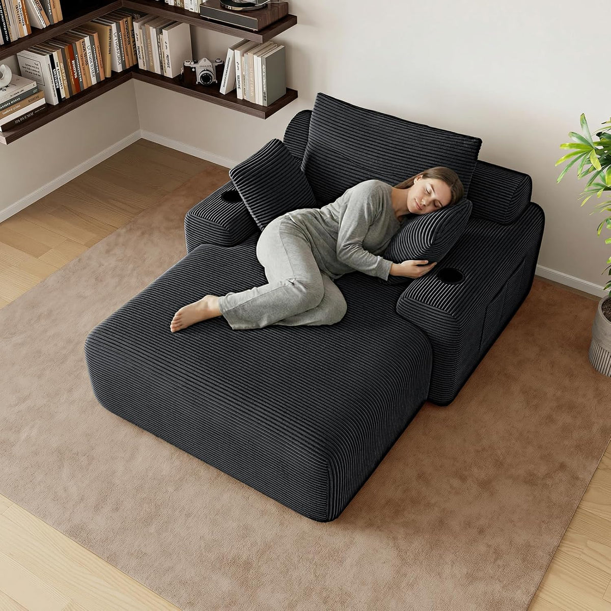 69” Oversized Chaise Lounge Chair Indoor, Soft Boneless Chaise Lounge Reading Chairs with 4 Side Pockets and 2 Cup Holders, Comfy Corduroy Sleeper Sofa Bed for Living Room Bedroom, Black