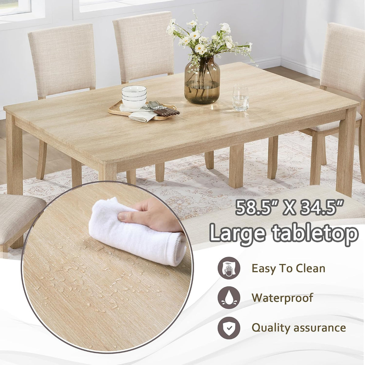 Harper & Bright Designs 6-Piece Dining Set with Bench & 4 Upholstered Chairs, 58.5" Modern Farmhouse Kitchen Table for 6, Easy Assembly,Light Oak & Beige