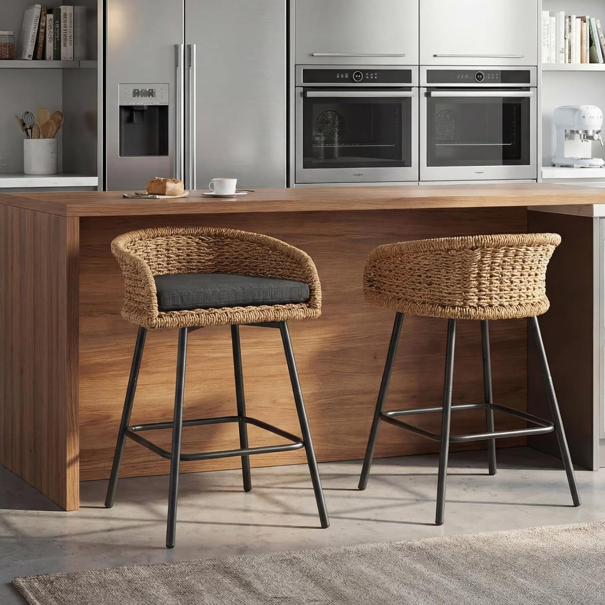 Modern 25" Rattan Counter Height Bar Stools Set of 2,Charcoal Stool Seat
