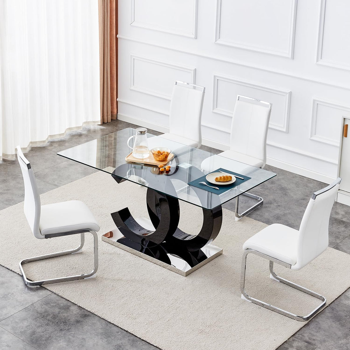 63'' Dining Table Set for 4,Modern Glass Dining Room Table Set for 4,Tempered Glass Table with 4 PU Leather Ergonomic Dining Chairs for Home, Kitchen, Living Room