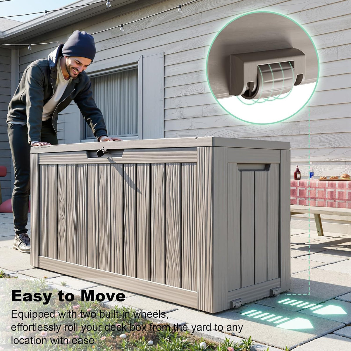 PatioZen 75 Gallon Outdoor Deck Box,Waterproof Resin Outdoor Storage Boxes, Outside Storage Lockable Container for Garden Tools,Indooor Cushions,Accessories (Grey)