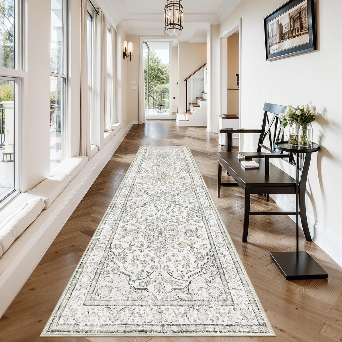 Lahome Oriental Runner for Hallways 2.5x10 Washable Beige Kitchen Runners Non Skid Long Entryway Rug Runners 10ft Ulra-Thin Soft Indoor Boho Rug Traditional Carpet for Laundry Living Room Helena