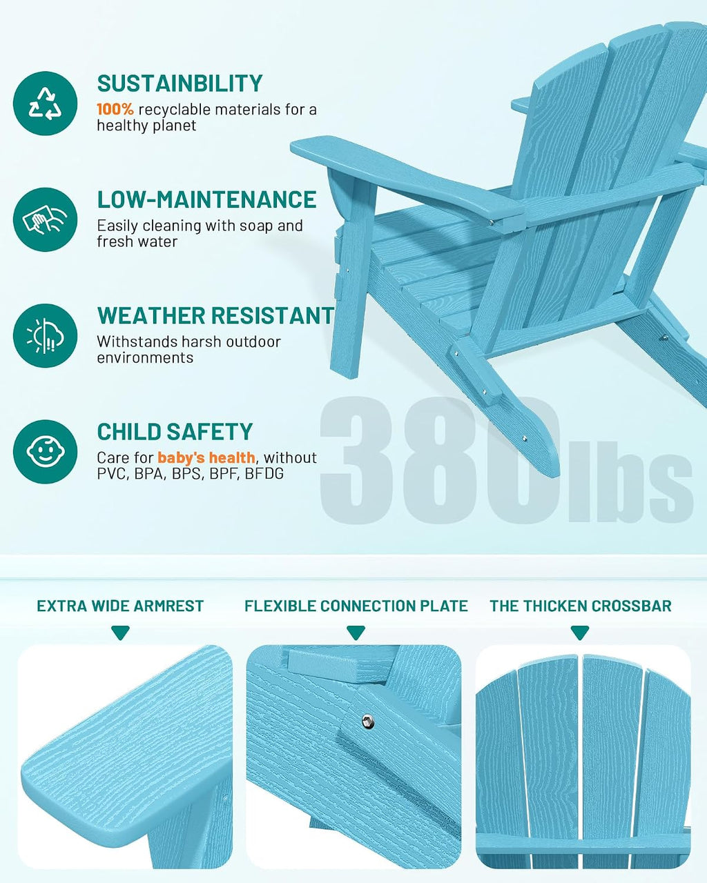 PLUUV Folding Adirondack Chair, HDPE Fire Pit Chair with Cup Holder, Aruba
