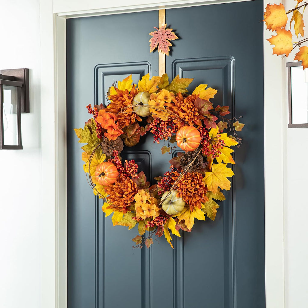 Glitzhome 24 inch Artificial Fall Wreath Decor, Autumn Maple Leaf Wreath for Front Door with Dahlia Pumpkin, Leaf and Berry Wreaths for Autumn Harvest Thanksgiving Halloween Decor
