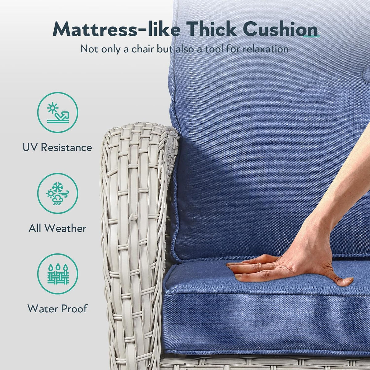 5 Piece Patio Furniture Set - Wicker Patio Conversation Set with Swivel Glider, Loveseat Bench, Tempered Glass Side Table and Coffee Table for Deck Backyard - Light Beige Wicker Blue Cushion
