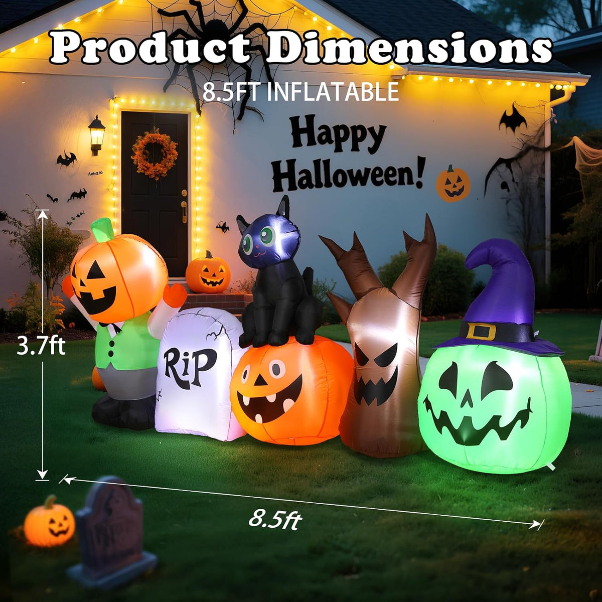 Halloween Inflatables Outdoor Decoration, 8.5ft Pumpkin/Tombstone/Black Cat/Ghost Tree, Cute Blow Up Yard Decor, for Outside Garage Door Graveyard Yard Porch Lawn (8.5ft Pumpkin+Black Cat)