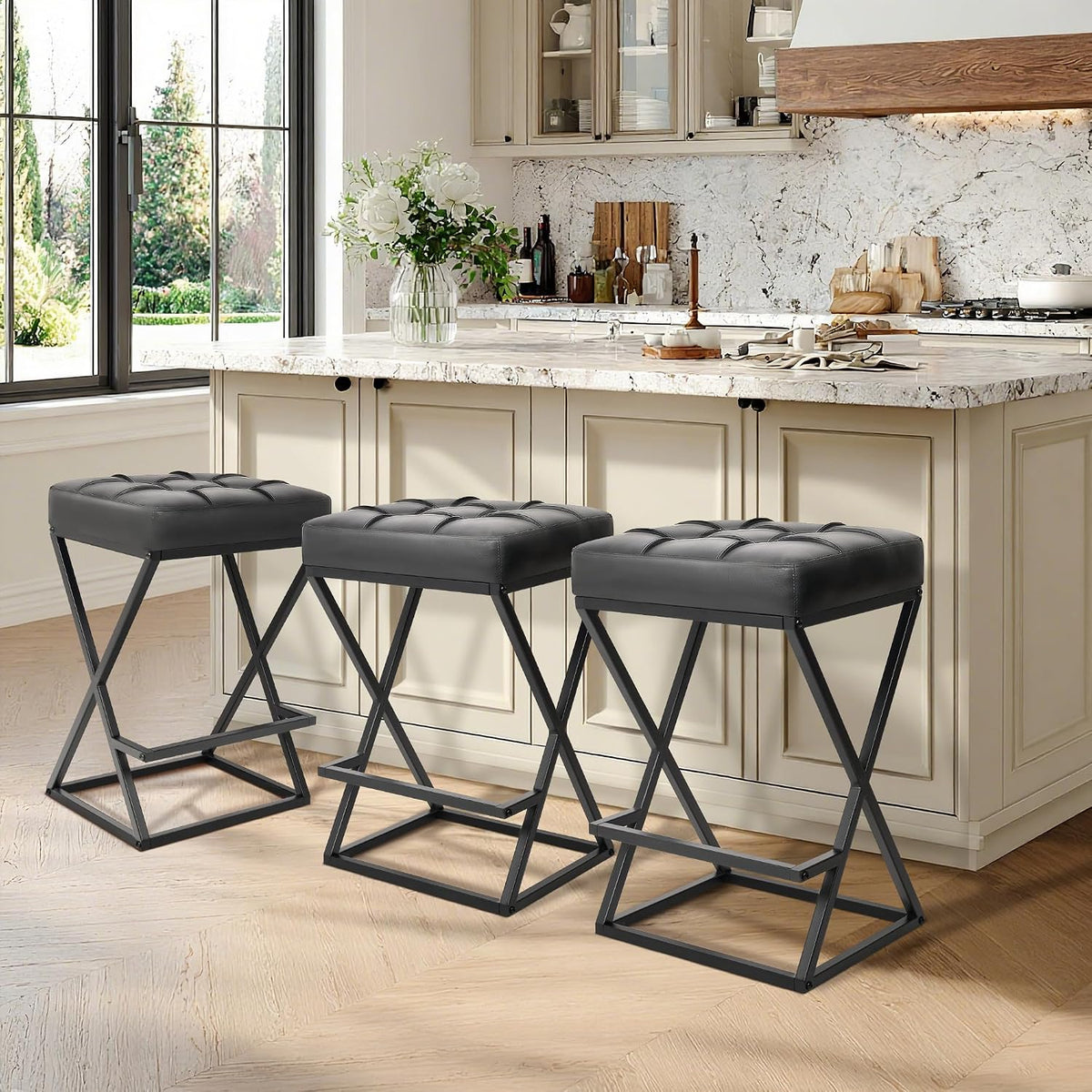 Bar Stools Set of 2, 26 Inch Counter Height Stool Faux Leather Black
