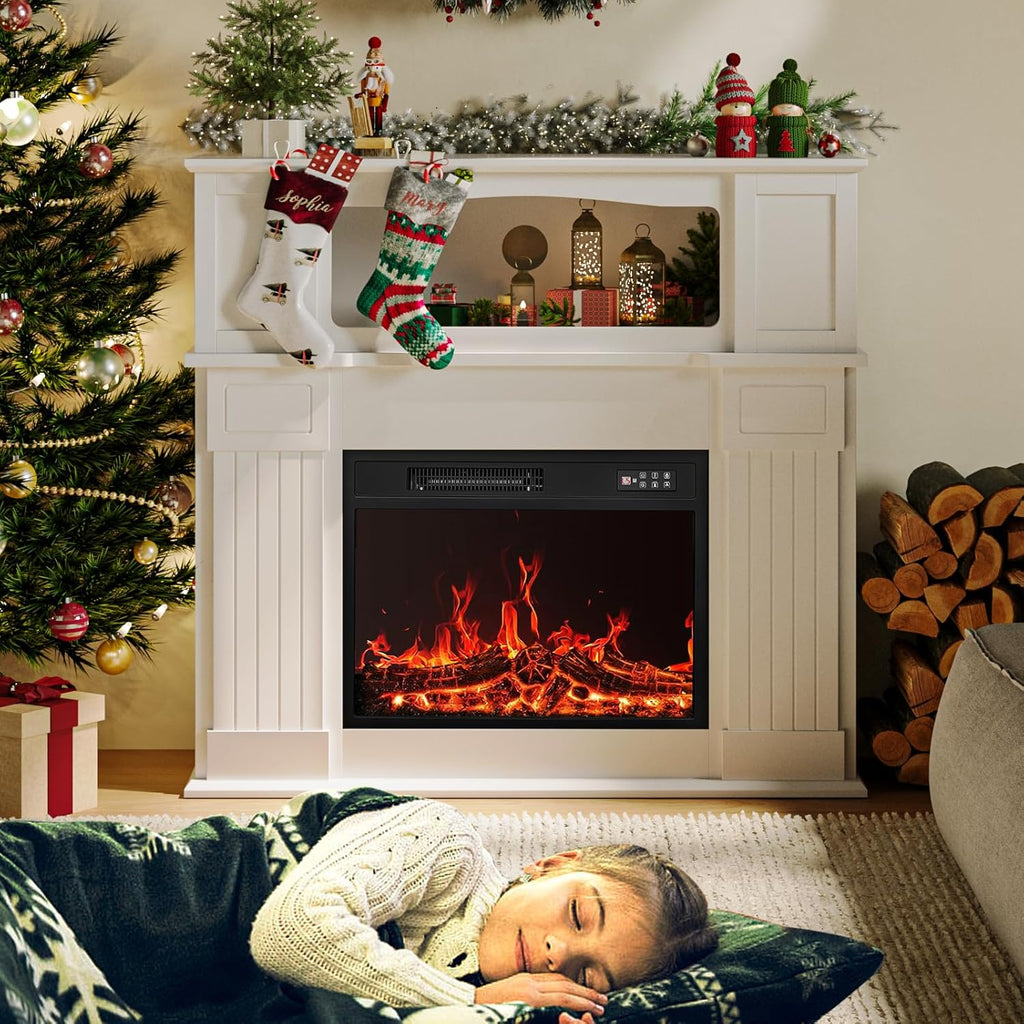 43 inch Electric Fireplace with Mantel, LED Lights Strip, White
