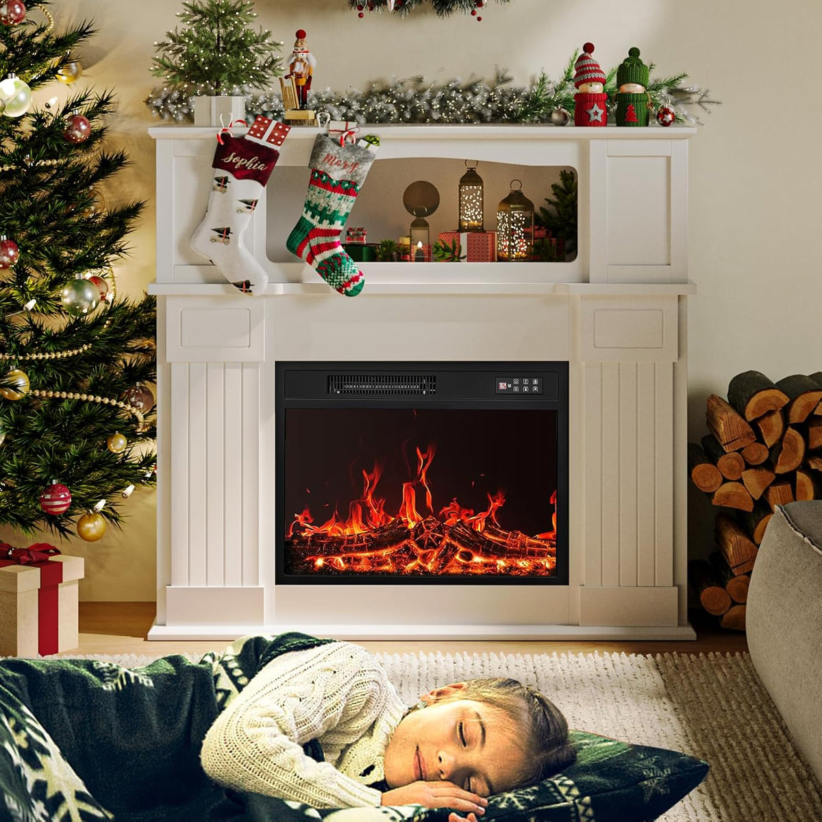 43 inch Electric Fireplace with Mantel, LED Lights Strip, White