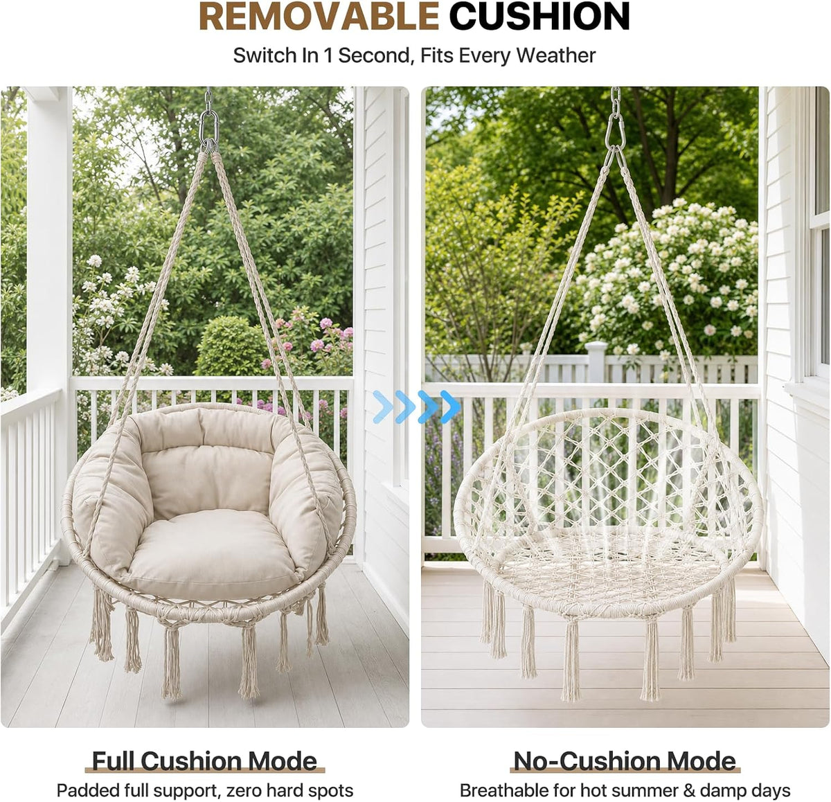 Athena Collection Hammock Chair with Hardware Kit & & Cozy Cushion, White