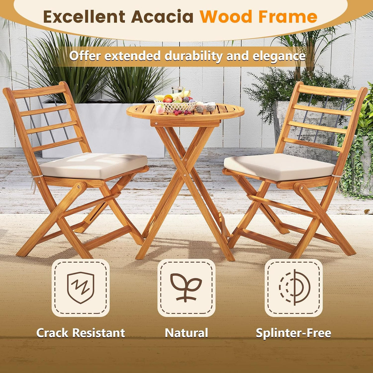 Tangkula 3 Piece Patio Wood Bistro Set, Folding Table Chair Set w/Soft Seat Cushions, Acacia Wood Frame, High-Back Portable Chairs w/Table for Backyard, Poolside (Off White)