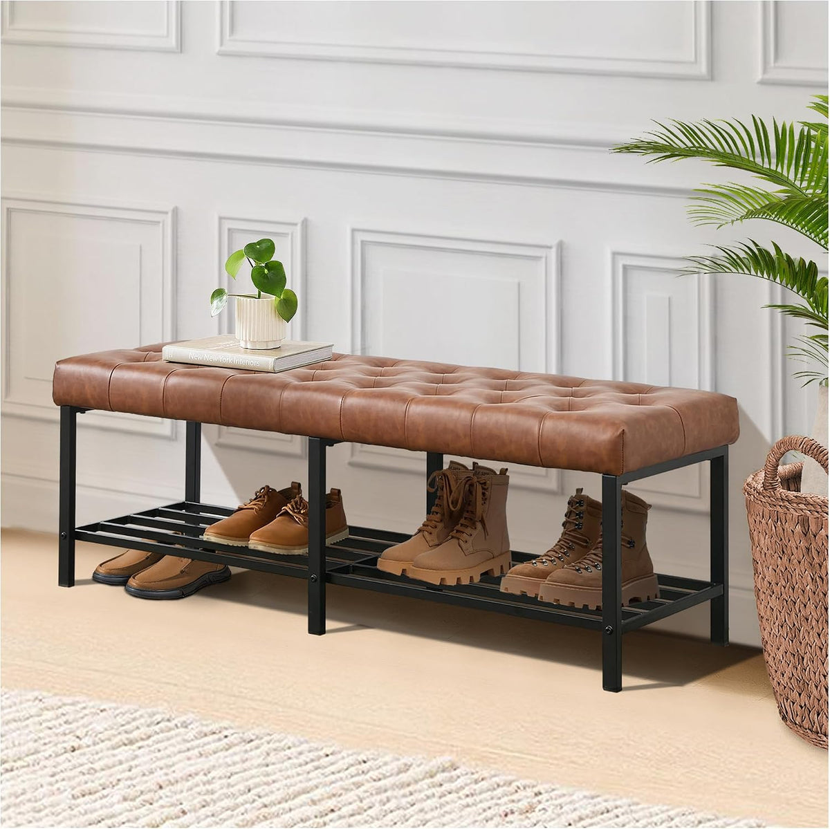 SOFTHION 55.5" End of Bed Bench, Faux Leather Entryway Bench, Brown