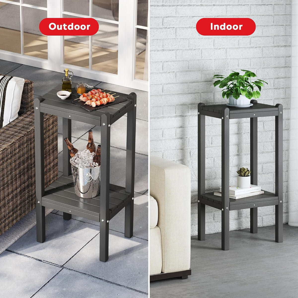 Costaelm Outdoor Side Table, 2-Tier Small Patio Coffee Tables for Outside, Outdoor End Tables for Patio, Adirondack Side Table for Outside, Outside Table for Pool, Porch, Garden, Gray