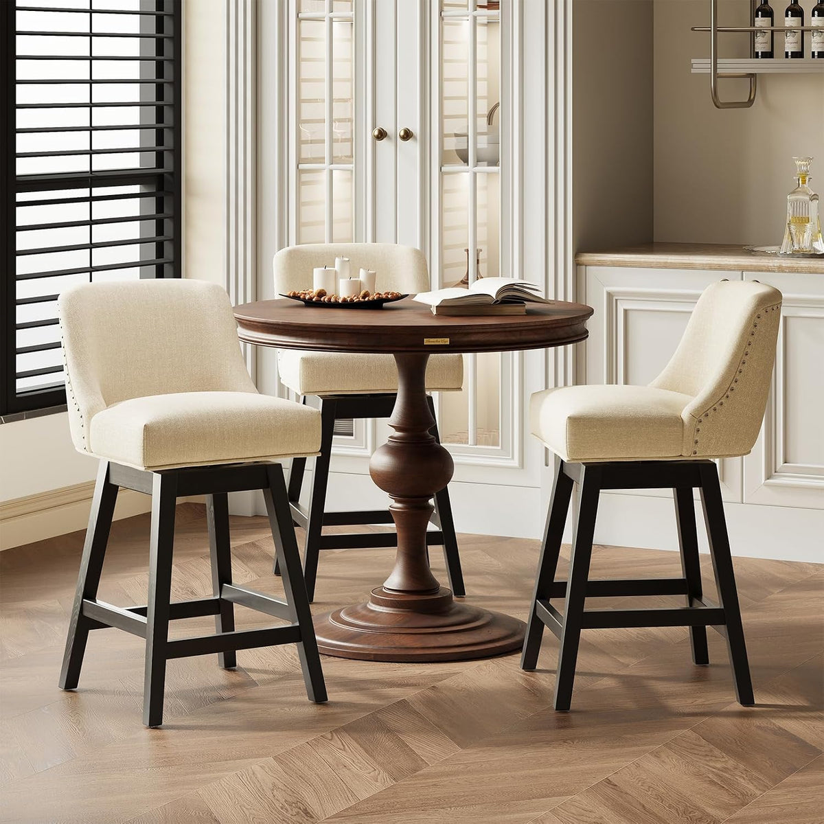 MALOL 27" Swivel Bar Stools Set of 3, Upholstered Barstools with Padded Seats and Solid Wood Legs, Counter Height Kitchen Stools for Kitchen Island, Breakfast Nook, Beige
