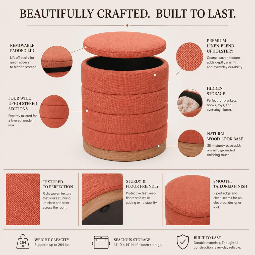 Linen Storage Ottoman Round Footrest with Hidden Storage, Coral Orange 16" L X16 W X 17" H