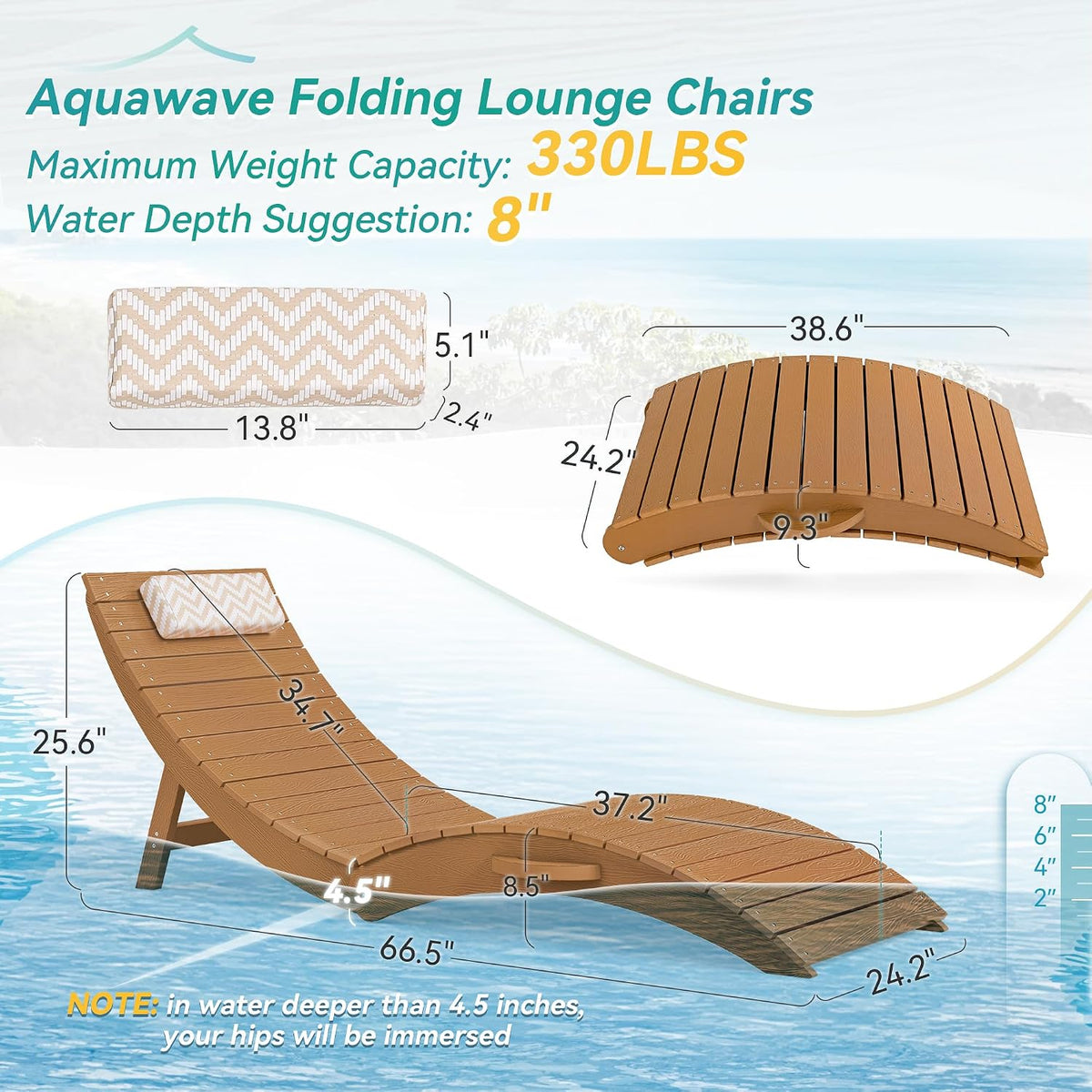 Folding Pool Lounge Chairs, Pre-Assembled for 8-Inch Depth