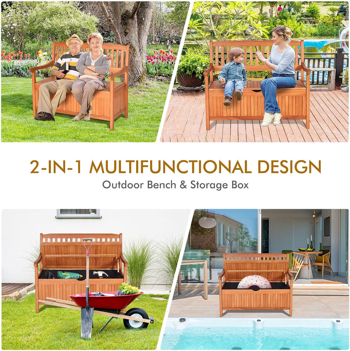 S AFSTAR Outdoor Patio Bench with Storage Box, 33 Gallon Storage Bench Deck Box with Dustproof Liner, Comfort Backrest & Wide Armrest, 800 lbs Capacity, Wood Bench for Garden Patio Park Porch