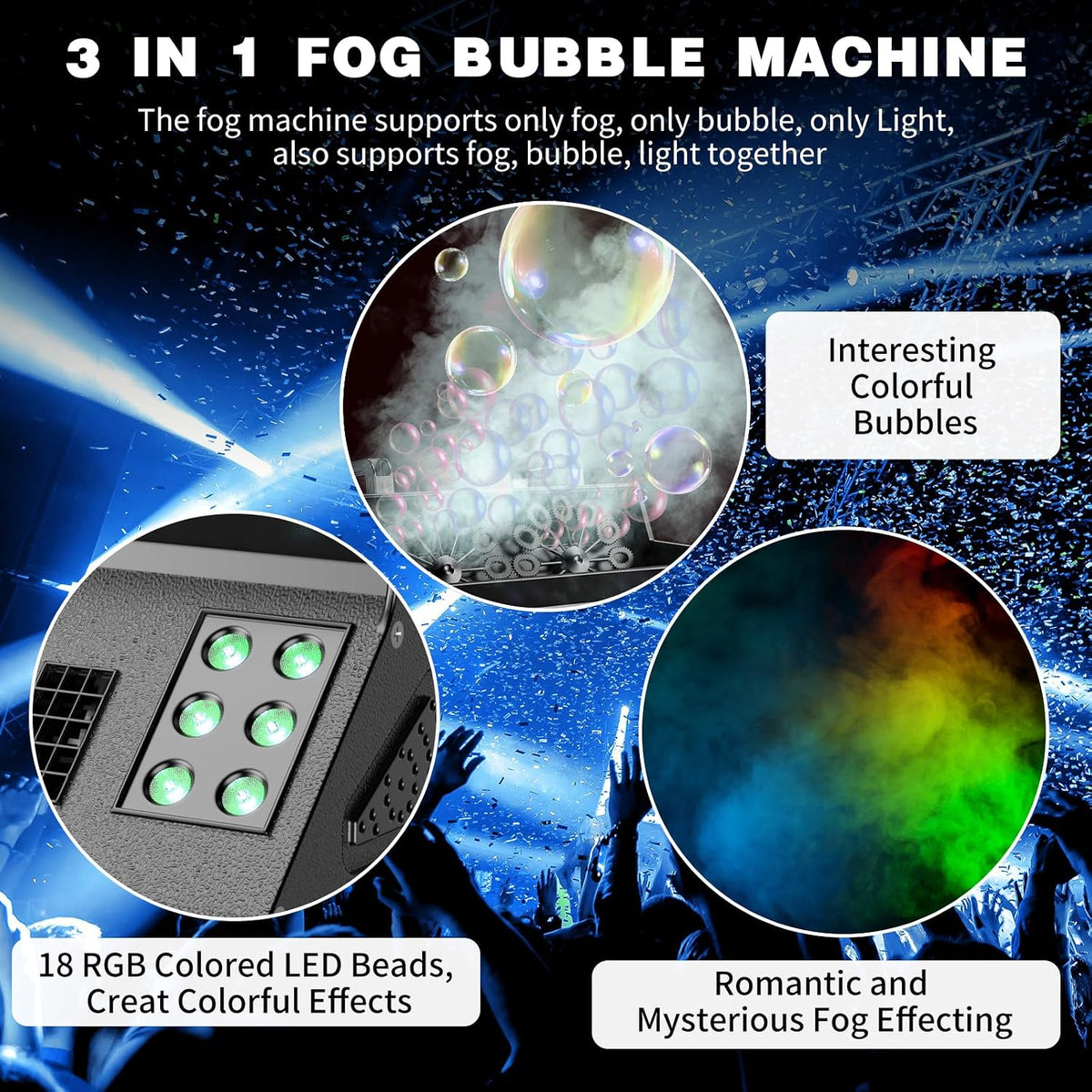 2000W Fog Machine, 3 in 1 Fog Bubble Machine with 2 Bubble Fans, 18 RGB LED Lights Smoke Bubble ALL IN ONE Fog Machine, Bubble Machine for Halloween Christmas Party Wedding Birthday